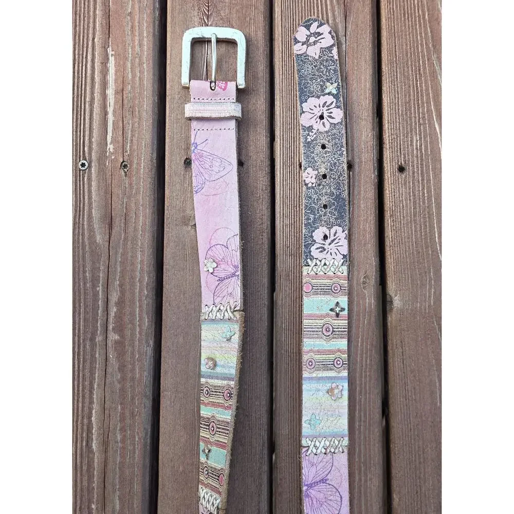 Fossil Boho Floral Leather Belt Pink Turquoise Whipstitch Western Festival L